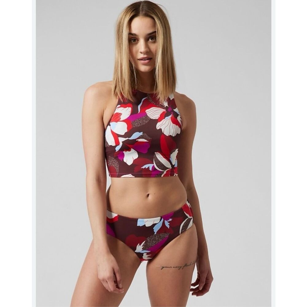 Athleta Floral High-Neck Bikini - Red and Brown